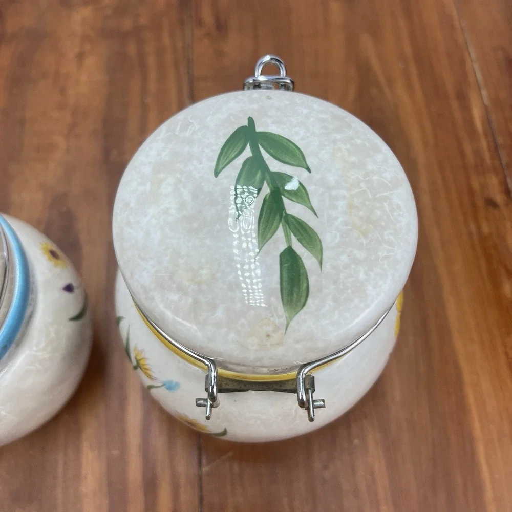 Oneida Sakura Casual Dining Floral Applique Ceramic Canister Jars Set of 2